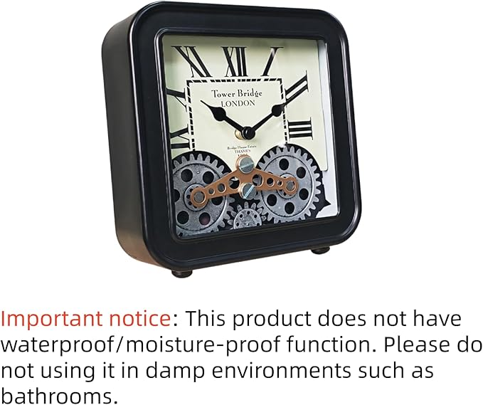 Vintage Desk Clock, 6 inch Metal Table Clocks with Moving Gears, Small Silent Non Ticking Industrial Steampunk Quartz Shelf Clock for Home Office Living Room Desk Decor Battery Operated（black）