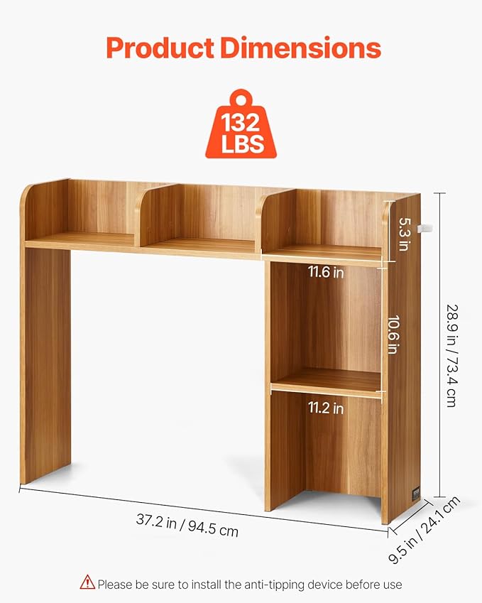 VEVOR Wood Desk Shelf, Desktop Bookshelf, Desk Storage Hutch with 6 Shelves, Office Countertop Organizer 3-Tier Display Rack, with Anti-Slip Feet Pads, for Office, Home & Dorm, Natural