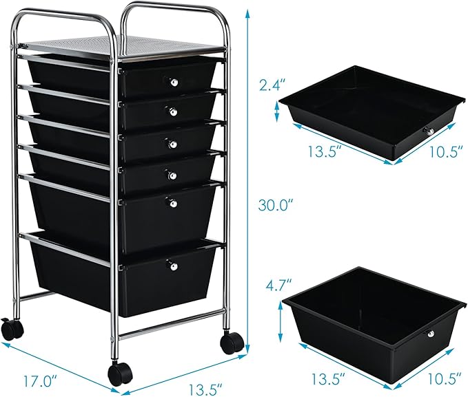 Giantex Rolling Storage Cart with 6 Drawers, Multipurpose Mobile Organizer Cart for Tools Scrapbook Paper Home Office School (Black)