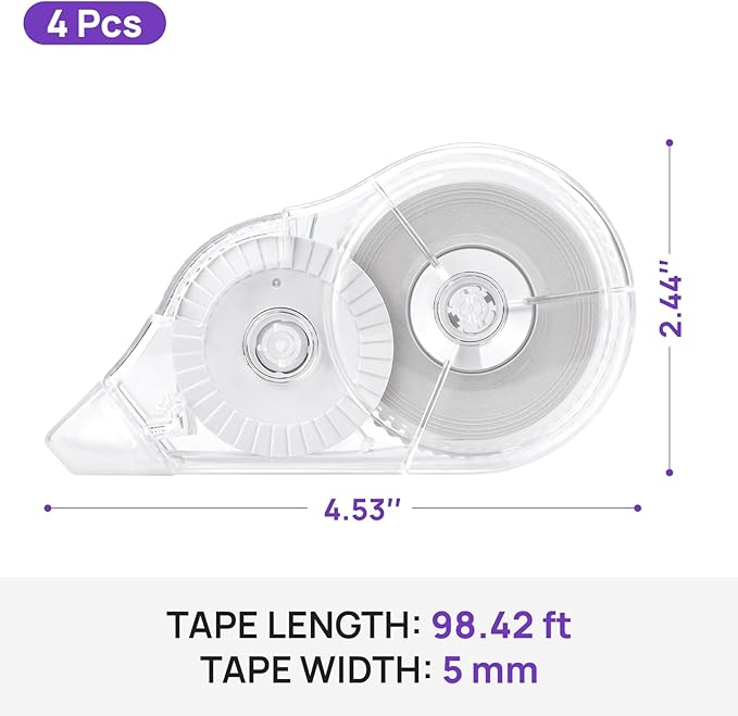 JEFURE 4 Pcs Correction Tape, 98.43 Ft White Wrong Out Tear-Resistant Bulk, Instant Corrections Easy To Use Applicator for School, Office, Note Taking, Journal (Tape Width 0.2 in，Clear)