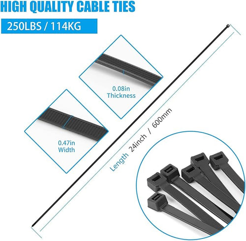 24 inch Black Zip Ties Heavy Duty 300 PCS, 250 LBS Ultra Exclusive Strong Plastic Wire Ties, Large Cable Ties Extra Long Tie Wraps, Indoor and Outdoor UV Resistant
