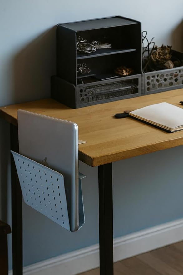 Desk Side Mount Laptop Holder (White) - No Drill Steel Hanging Organizer for Office & Home - Under Desk Storage