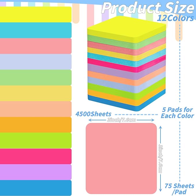 60 Pads Round Corner Sticky Notes 3x3 in Post, 12 Bright Colors Self-Stick Note Pads it, Strong Adhesive Paper Memo Pads, 75 Sheets/Pad, Colored Note Pad Easy to Post for Home, Office, Notebook