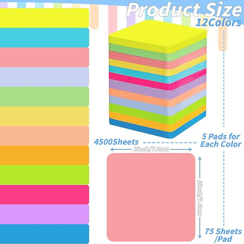 60 Pads Round Corner Sticky Notes 3x3 in Post, 12 Bright Colors Self-Stick Note Pads it, Strong Adhesive Paper Memo Pads, 75 Sheets/Pad, Colored Note Pad Easy to Post for Home, Office, Notebook