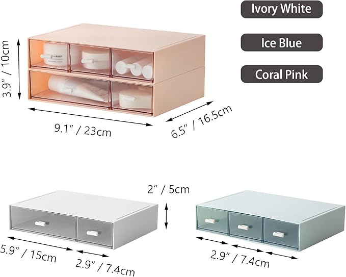 Desktop Organiser with 5 Drawers, Stackable Plastic Storage Box on Desk, Small Drawers Storage Unit for Home Collection, Cosmetics, Office Supplies (2 Flat Layers, Pink)