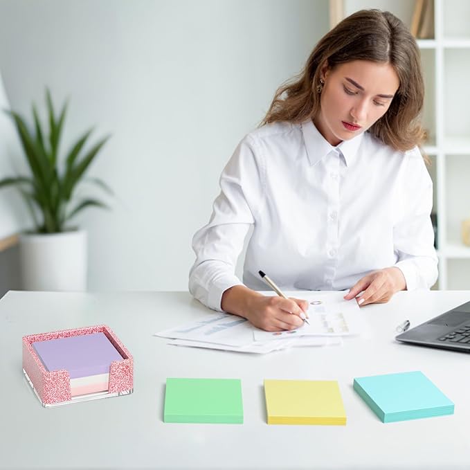 Sticky Note Holder, Glitter Pink Acrylic Notepad Holder 3x3 in Self-Stick Note Dispenser Office Desk Accessories, Memo Pad Holder Organizer for Classroom School Supplies