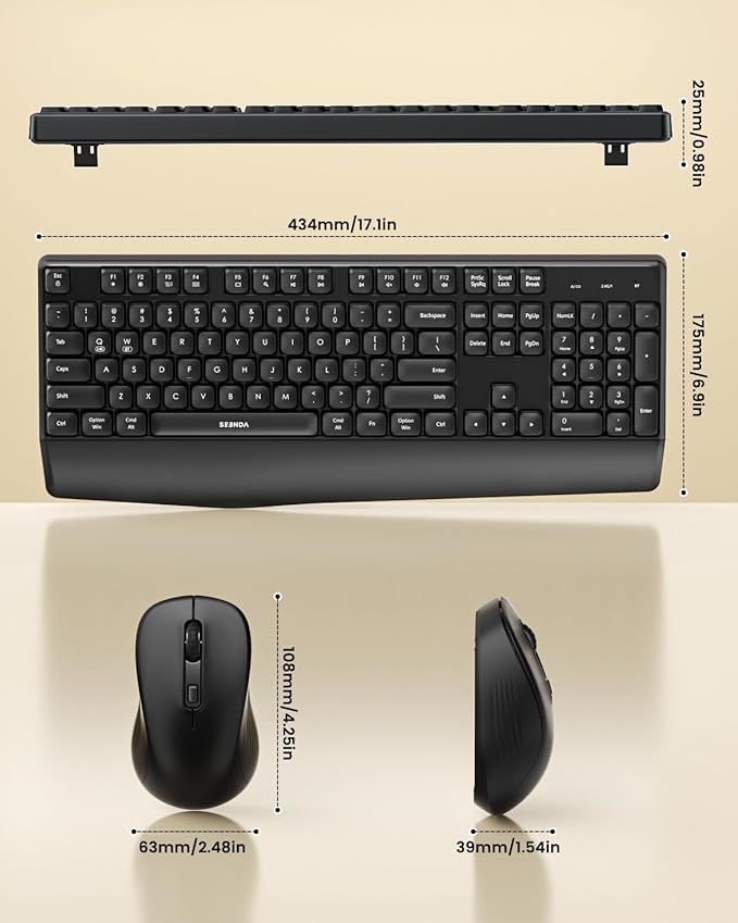 seenda Wireless Bluetooth Keyboard and Mouse Combo, COE200 Ergonomic Wireless Keyboard Mouse with Wrist Rest, Multi-Device Connection, Full-Size, Compatible for Computer/Laptop/Mac/MacBook, Black