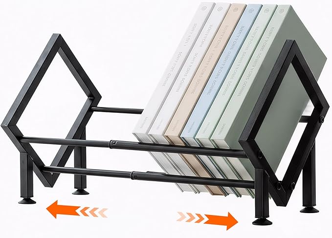 Expandable Desktop Bookshelf Organizer, Metal Office Tabletop Book Storage Rack, Large Tilting Bookcase for Books/CDs/Magazine Display, Desk Shelf for Top of Desk in Living Room, Home, Office (Black)