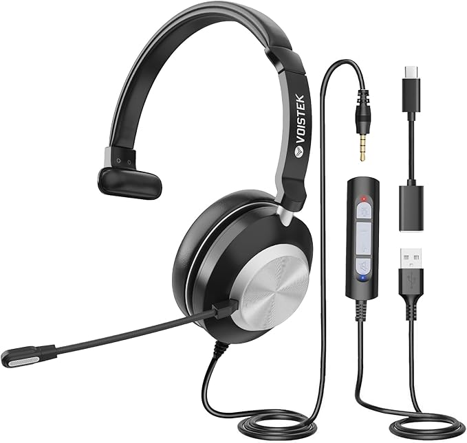Voistek USB Headset with Microphone for PC, Wired Work Headset (One Ear) Computer Headphones with Noise Cancelling Mic, Mute, Volume Controls for Office Call Center Home Work Skype Zoom Team Meetings