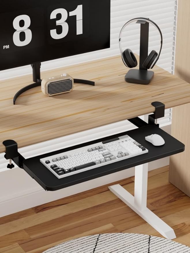 Keyboard Tray Under Desk, Slide Out Computer Keyboard Drawer with Adjustable C-clamp for Home, Office and Gaming Mouse Tray for Typing 25.59" × 9.84" × 4.72" Black