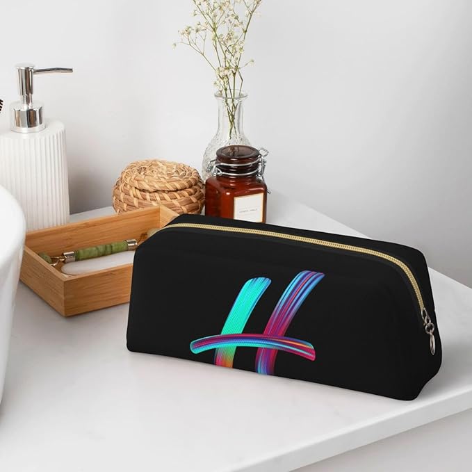 Cute Initial Pencil Case for Kids Simple Leather Pencil Pouch for Boys Girls Letter Design Pencil Box Pen Bag Pencil Pouch Office Stationery Organizer, Rainbow Letter H
