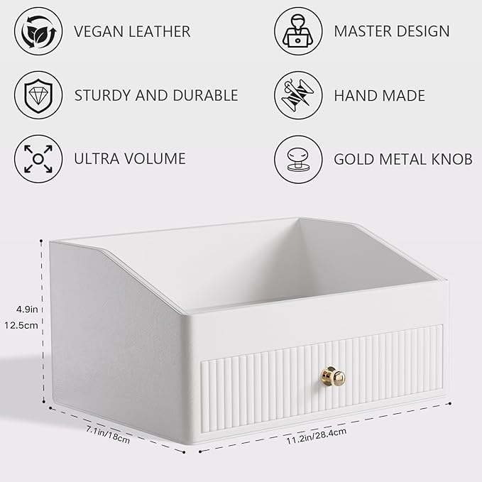 Office Desk Accessories,Beige White Vegan Leather Office Organizer with 1 Drawer & Tray,Pen Holder with Gold-Tone Metal Accents Knob for End Tables,Bedside Table,Bedroom.
