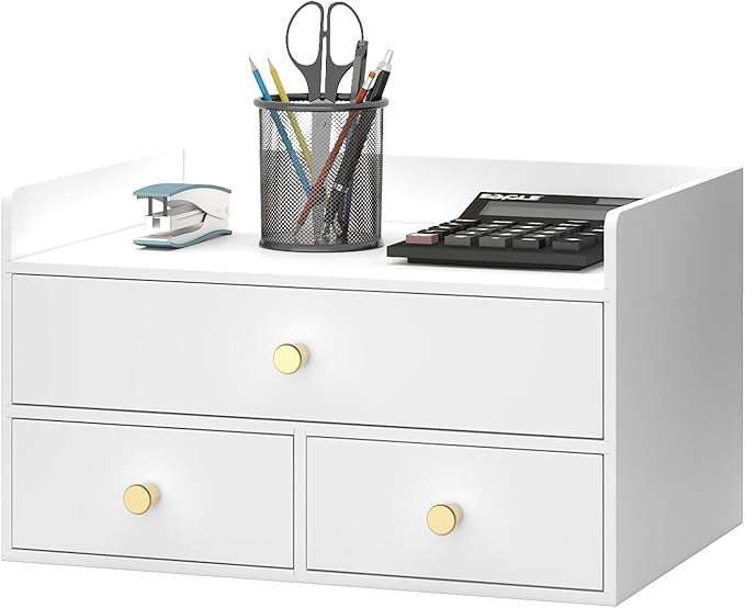 Bamboo Desk Organizer with Drawers Wooden Desktop Storage Organization Box for Bills Office Supplies Kitchen Utensils Organizing Tool for Home Classroom Vanity, No Assembly Required (3 Drawers, White)