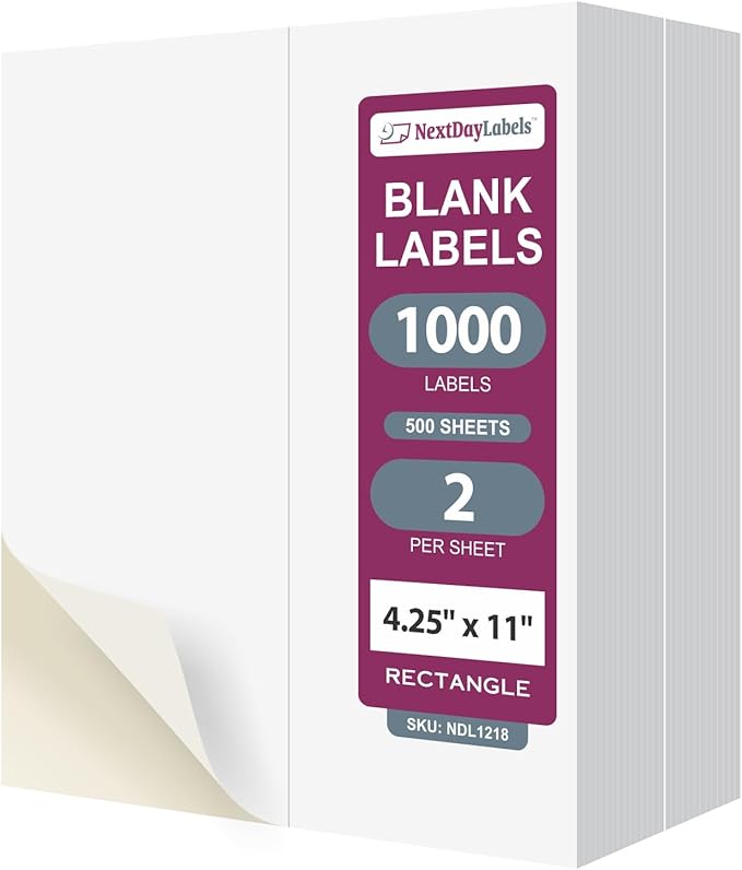 NextDayLabels – 4-1/4" x 11" Rectangular Sticker Labels for Printer - White Laser/Inkjet Printer Labels Return Address Labels Shipping Label Stickers (500 Sheets, 2 Per Sheet, 1000 Labels)