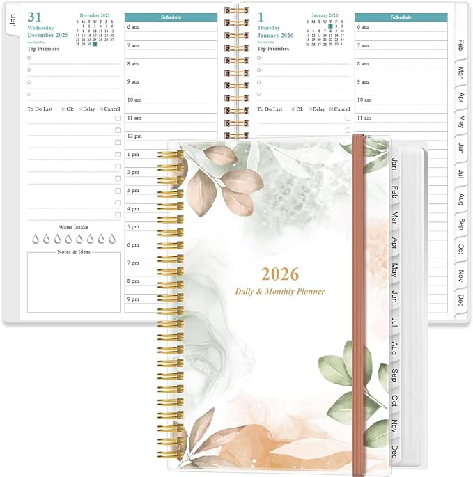 2025-2026 Daily & Monthly Planner - One Page Per Day, Daily Planner 2025-2026 from July 2025 to June 2026, Planner 25-26 with 12 Monthly Tabs, 6.4" x 8.5", Rose Leaf
