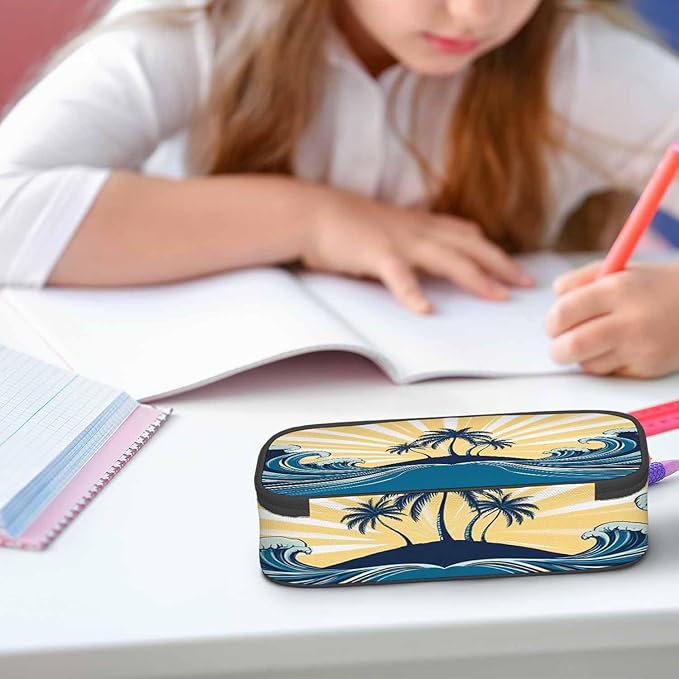 Tropical Beach Pencil Case Organizer Palm Trees Sunlight Blue Stationery Box Makeup Box School Supply for Boy Girl Men Women