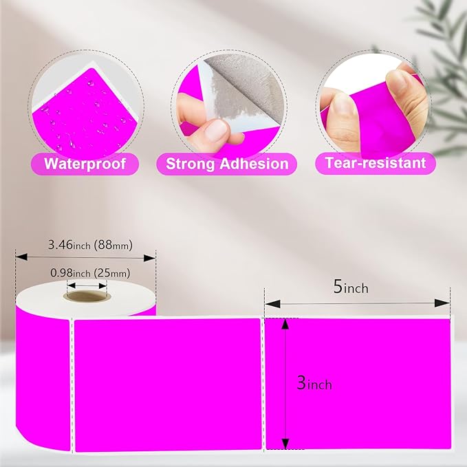 YOULAISHI 3 X 5 Inch Printable Waterproof Rectangle Color Coding Labels, 300 Per Roll Adhesive Color Coding Stickers for Bar-Codes, Address, Small Business Labeling, Fluorescent Purple