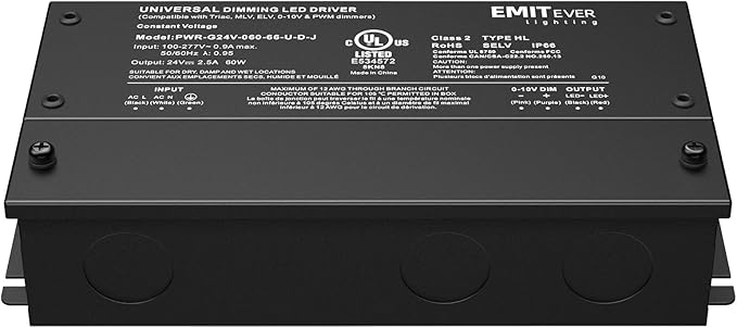 EMITEVER Dimmable Led Driver, 2 Packs 60W AC 110V-277V to DC 24V Transformer, 5-in-1 Dimming: ELV/MLV/TRIAC / 0-10V / 1-10V / 10V PWM/Potentiometer, Waterproof IP67 and UL Listed,Class 2