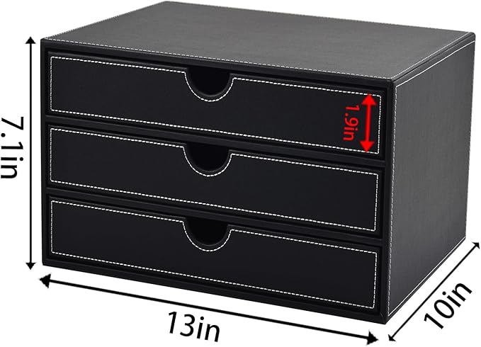 PU Leather Desk Organizer with 3 Drawers,Executive Office Supplies Desktop Filing A4 File Cabinet/Holder for Jewelry/Bill/Paper/Documents/Makeup Home Decor Stationery Storage Box,Black