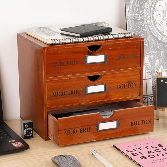 Wooden Storage Box Rustic Desktop Organizer with 3 Drawers Office Desk Accessories Shelf Large Craft Storage Containers Apothecary Cabinet and Chest Jewelry Holder for women(BROWN)