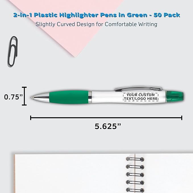 DISCOUNT PROMOS Personalized Plastic Highlighter Pens - 50 pack - Customizable Text, Logo - Green