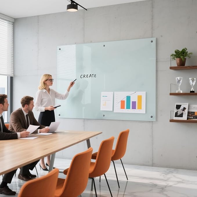 Magnetic Large Glass Board 72"x 48" Dry Erase Writing Board Premium Tempared Galssboard Frameless Message Board with Full Accessories Wall Mounted White Board