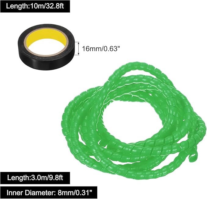 MECCANIXITY Spiral Cable Wrap 9.8ft/3.0M 8mm Cable Management Sleeve PP Insulation Cord Organizer for Computer Wire Power Cable Gas Pipe Green with Tape