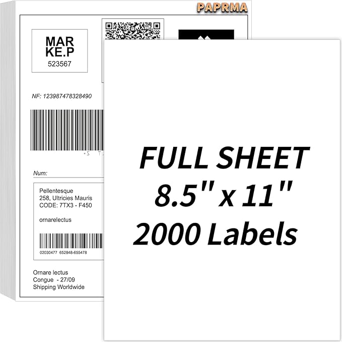 PAPRMA Full Sheet Labels 8.5” x 11” Sticker Paper Matte White, Large Shipping Label Paper for Inkjet Laser Printer, 2000 Counts