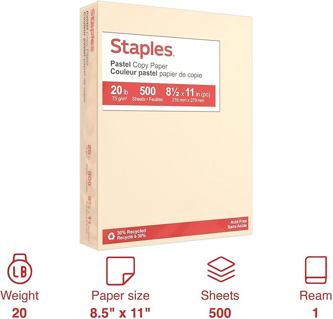 Staples Pastel Recycled Copy Paper, Cream, 20 lb., 8.5" x 11", 500 Sheets – 30% Recycled Multipurpose Paper for Printing & Documents