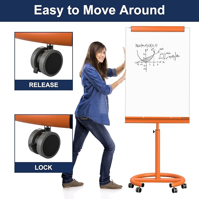 TSJ OFFICE Mobile Whiteboard Magnetic - 40 x 26 Inches Dry Erase Board on Wheel with Stand Flipchart Easel Height Adjustable,Orange