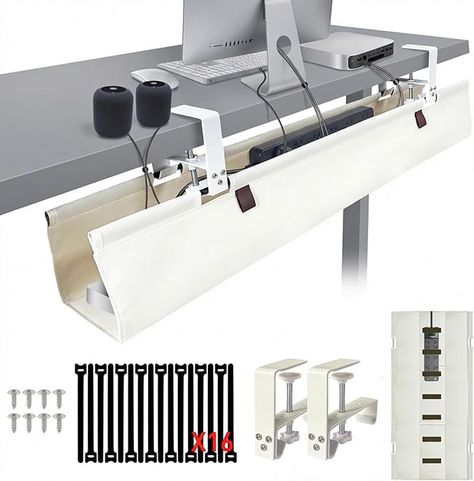 [Upgraded] Under Desk Cable Management, 36" Cord Organizer, with Silicone Pads (No Scratch!), 16 Cable Ties, Washable PE Honeycomb Base,Fits Any Desk 0-2.1", No Stinky Cardboard! Beige
