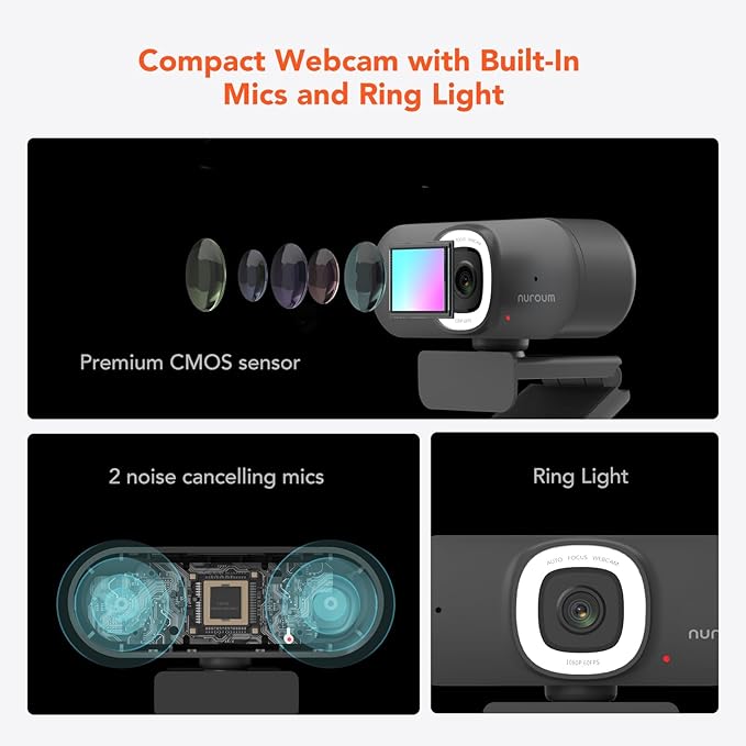 NUROUM V15AFL 2K Webcam with Ring Light for Streaming, Autofocus Webcam for PC w/Noise Cancelling Dual Mics, 1080P 60fps, 75° FOV&Lightweight, USB Web Camera Plug&Play for Zoom/Teams/OBS/Xsplit, Grey