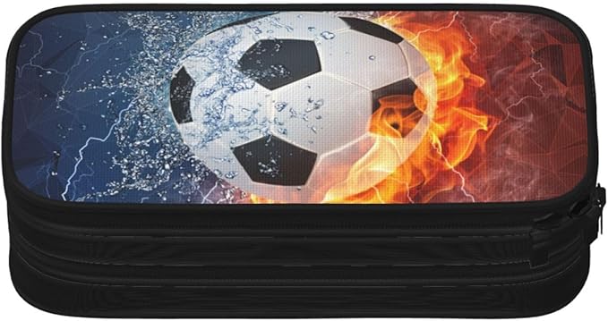 Boys Soccer Pencil Case with Cool Fire & Water Pattern Printed, Portable Pencil Box Pouch with Zipper Sports-Themed Stationery Supplies Pen Bag for Kids Teens for School