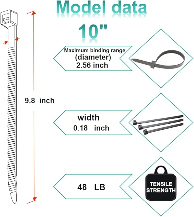 Zip Ties, Cable Ties, 1000Pcs 10Inch 48Lb Tensile Strength Black Premium Self-Locking Nylon Zip Ties For Home Office, Garden, Workshop Fences