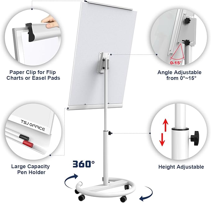 TSJ OFFICE Mobile Standing Whiteboard - 40 x 26 Inches Dry Erase Magnetic White Board with Stand Flipchart Easel Height Adjustable