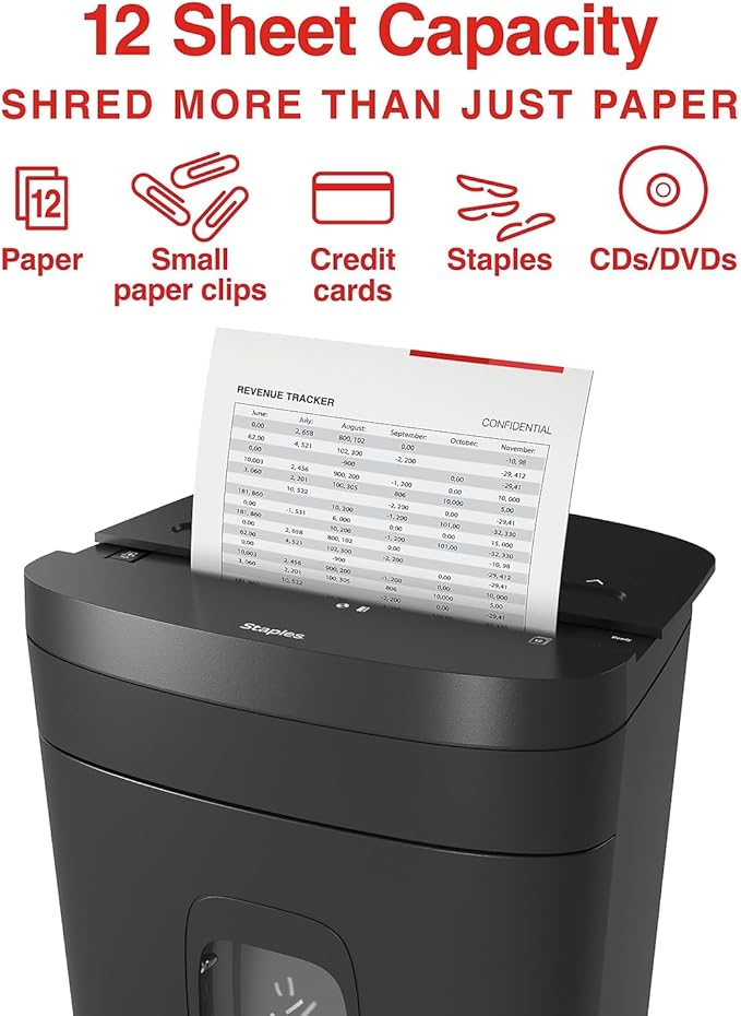 Staples Paper Shredder, 12-Sheet Micro-Cut, Anti-Jam, for Office & Home Use with 5 Gallon Pull-Out Bin, Black