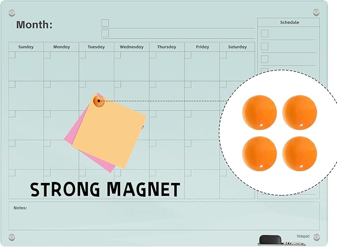 Magnetic Glass Dry Erase Board Calendar- White Board 48 x 36 Inch Wall Mounted Monthly Whiteboard, Large Frameless Glass White Board for Wall Office, Home & School