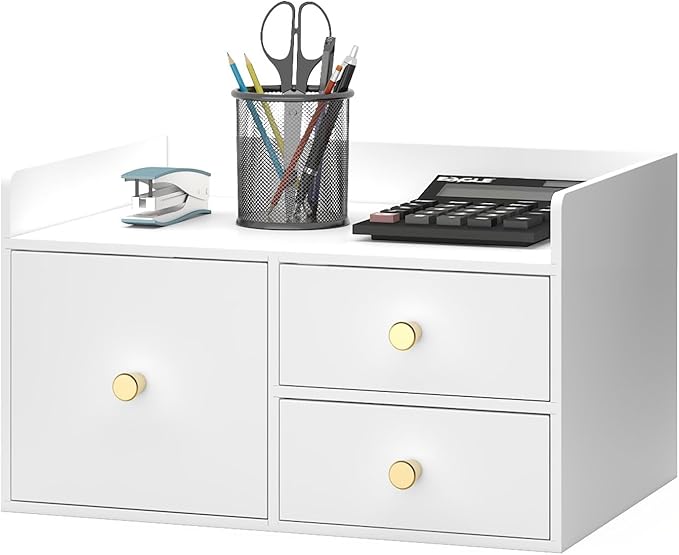 Bamboo Desk Organizer with Drawers Wooden Desktop Storage Organization Box for Bills Office Supplies Kitchen Utensils Organizing Tool for Home Classroom Vanity, No Assembly Required (3 Drawer, White)