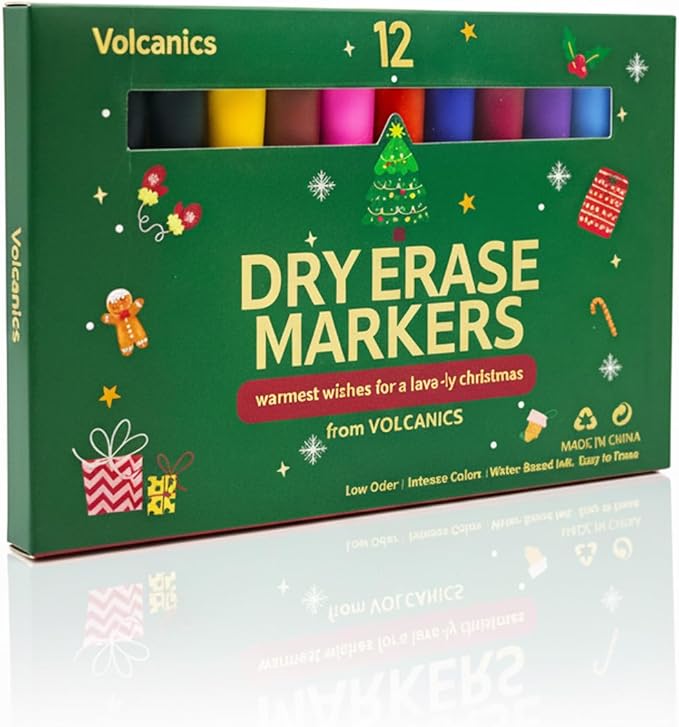 Volcanics Magnetic Dry Erase Markers Colored Set of 12 – Christmas Edition Whiteboard Markers with Erasers & Magnetic Caps, Perfect Stocking Stuffer for Teachers, Kids & Office