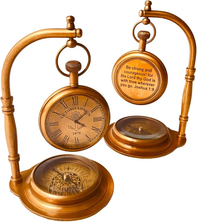 ALADEAN Inspirational Brass Table Clock with Compass | Religious Quote Engraved Desk Clock - Baptism Birthday Christmas (Be Strong & Courageous)