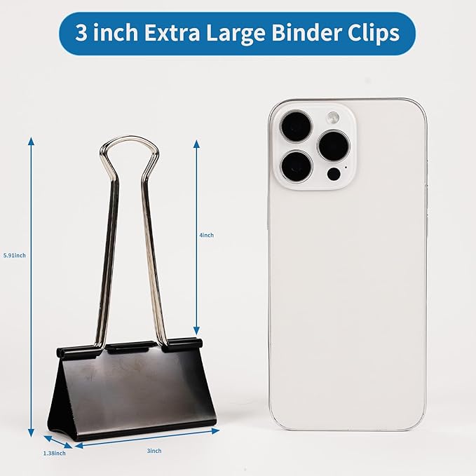 Aumsica Jumbo Binder Clips 3 Inch - Extra Large Binder Clips 16 Pack, Heavy Duty Office Binder Clips for Paper, Documents, School & Office Supplies (16, 3 inch)