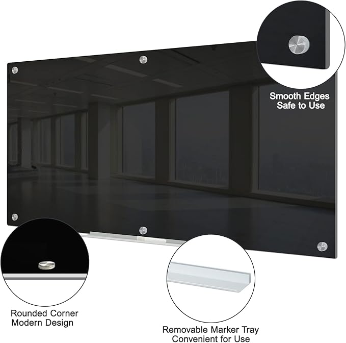 J&J worldwide Magnetic Black Glass Whiteboard 6' x 3', 70 x 35 Inches Large Frameless White Boards for Walls, Large Dry Erase Board for Office, Home, School