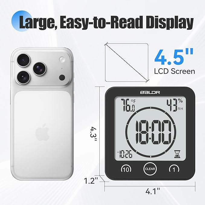 Baldr Shower Clock Waterproof Bathroom Clock with Timer/Temperature/Humidity, Digital Timers for Kids and Adults, Bath Kitchen Study, Black