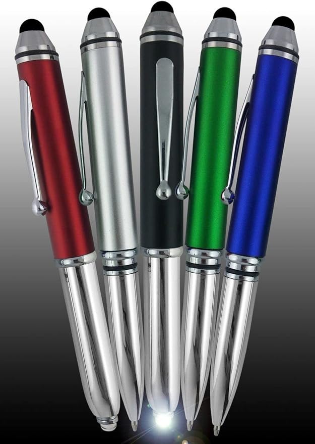Promotional Pens with your Personalized Text or Custom Business Logo- Bulk 150 Pack- for Marketing, Parties, and Events, 3 in 1 LED Flashlight + Ballpoint Pen + Stylus for Touchscreen Devices, Black