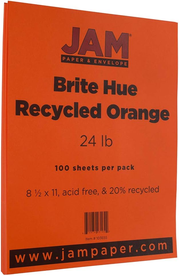 JAM PAPER Colored 24lb Paper - 90 gsm - 8.5 x 11 - Orange Recycled - 100 Sheets/Pack