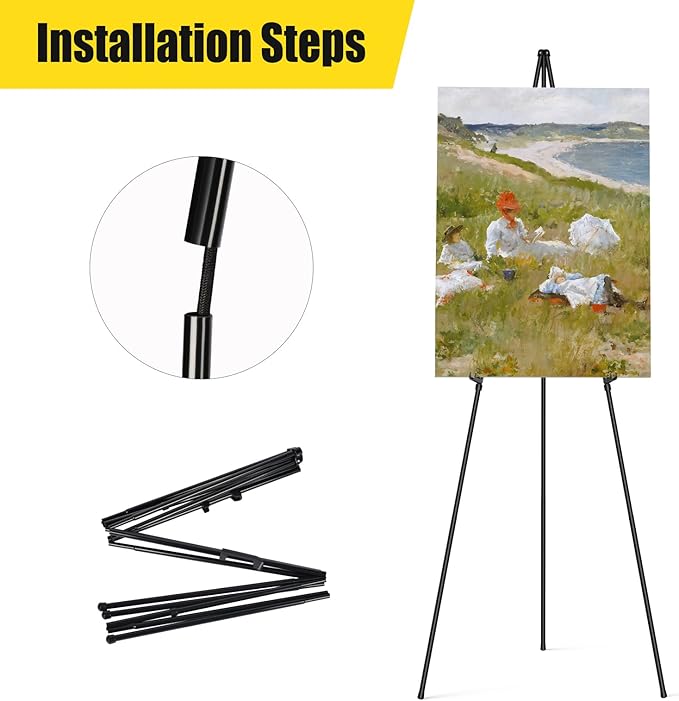 Display Black Easel Stand for Wedding Sign, Artist Instant Tripod Collapsible Portable Floor Easel for Posters, 63" Adjustable Easy Folding Metal Stand for Display Show, Arts, Painting