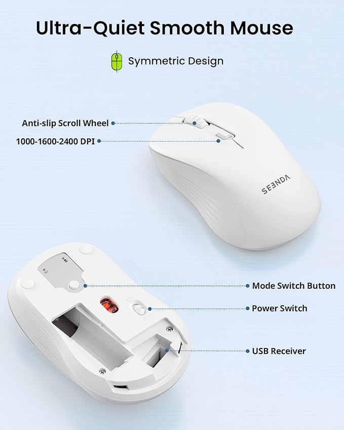 seenda Wireless Bluetooth Keyboard and Mouse Combo, COE200 Ergonomic Wireless Keyboard Mouse with Wrist Rest, Multi-Device Connection, Full-Size, Compatible for Computer/Laptop/Mac/MacBook, White