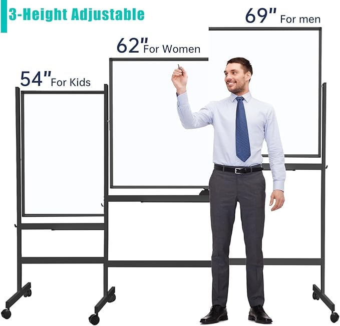 BIBOC 32x48 Inches Large Mobile Dry Erase Whiteboard with Rolling Stand - Double Sided Height Adjustable Whiteboard for Office, School- Aluminum Frame & Durable Writing Surface (48×32 inches)