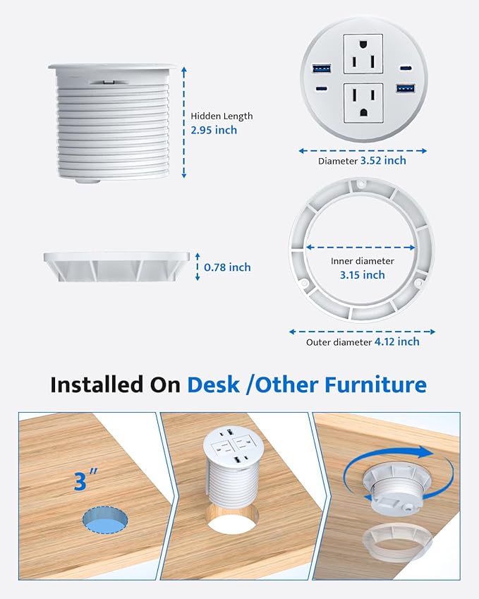 3 inch Recessed Power Grommet with AC Outlets, 20W USB C Fast Charging Conference Recessed Outlet, 40W Total, Flush Mount for Desk,Office Tables,Furniture, 4 USB Ports, White