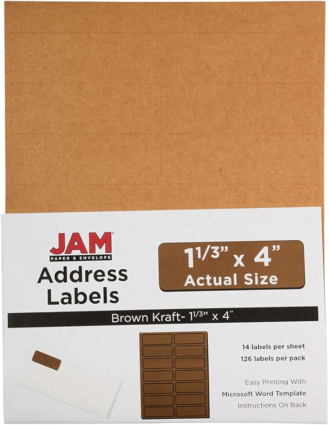 JAM PAPER Shipping Address Labels - Rectangular - 1 1/3 x 4 - Brown Kraft - 126/pack